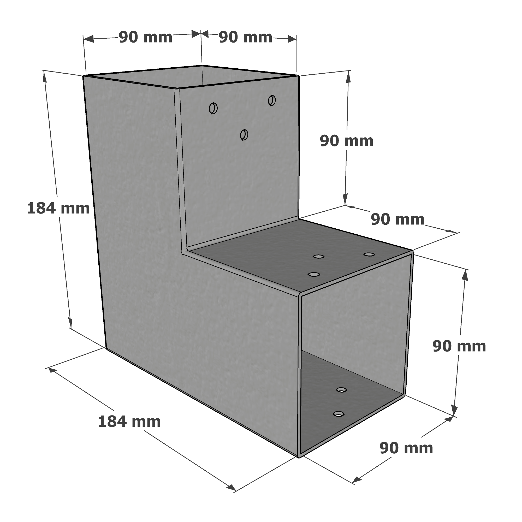 Dimensions du connecteur SUNDIY gris aluminium RAL 9006 - 90 mm, forme en L à 2 directions