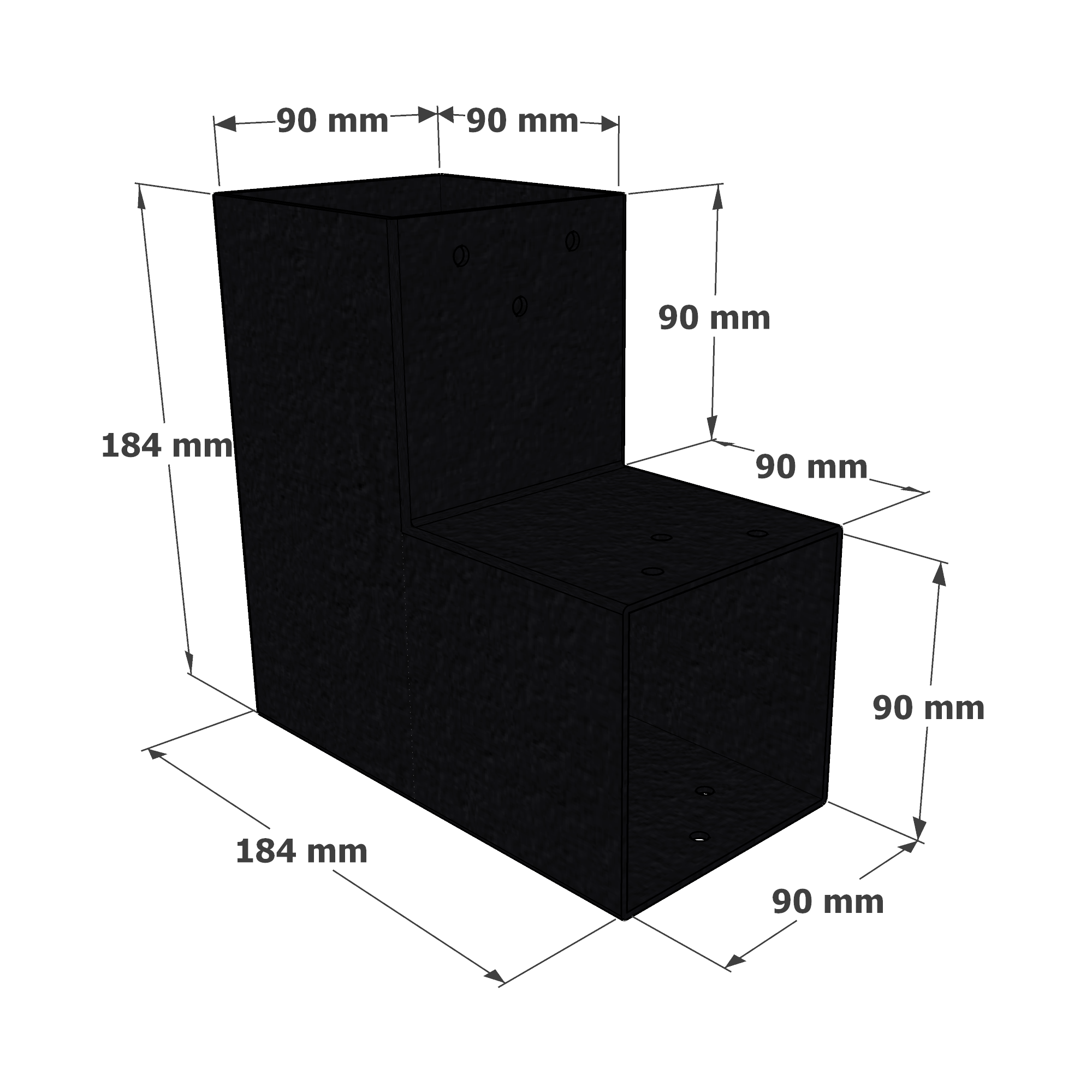 Dimensions du connecteur SUNDIY noir mat RAL 9005 - 90mm à 2 directions - Forme L