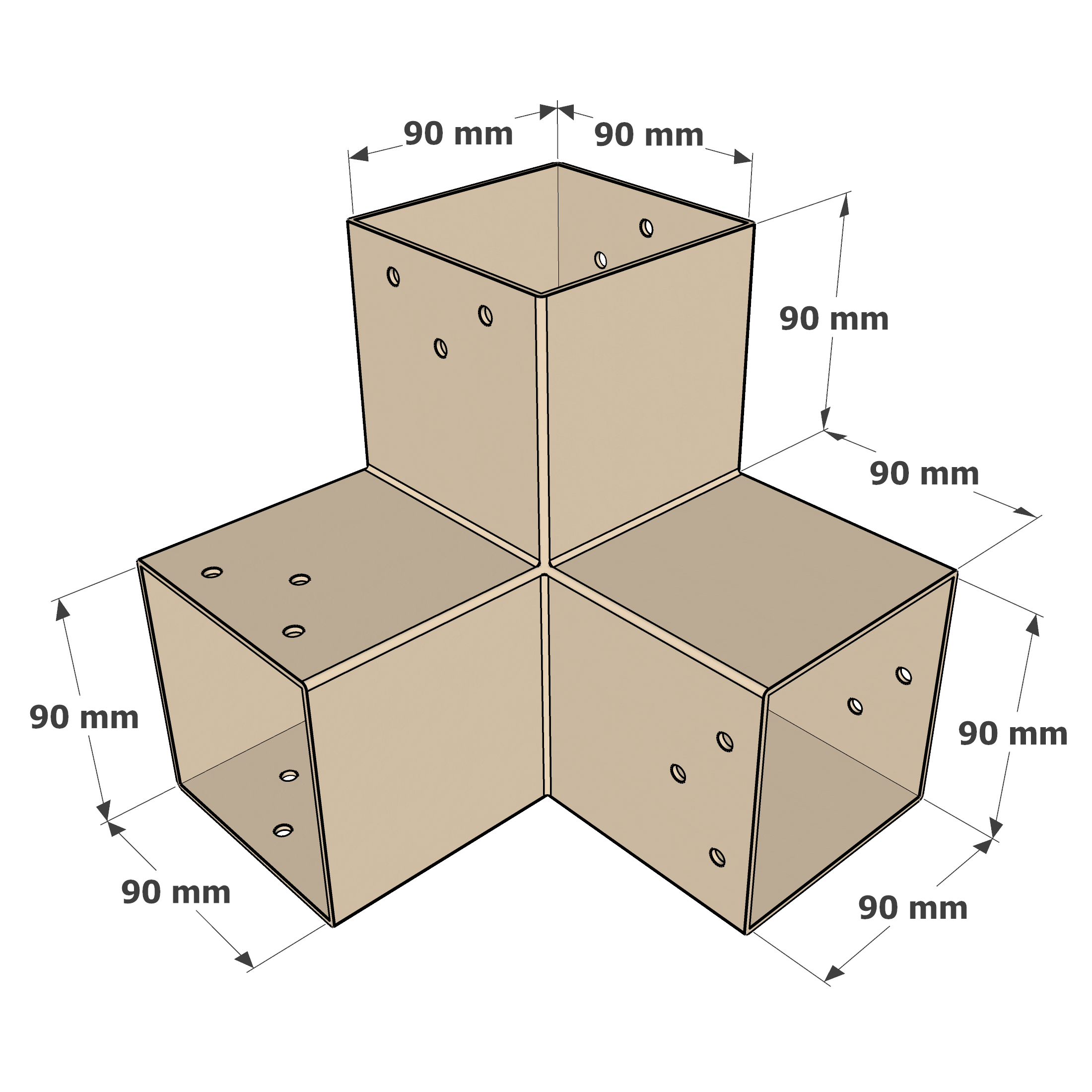 Dimensions du connecteur SUNDIY Blanc RAL 9010 - 90mm à 3 directions - Forme L