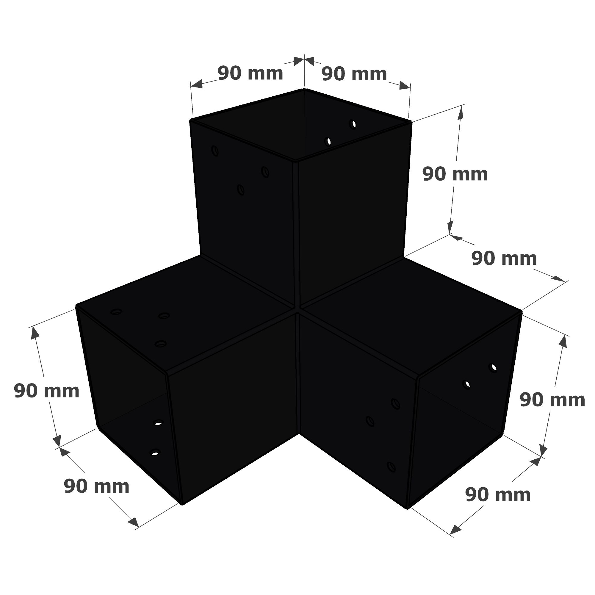 Dimensions du connecteur SUNDIY Noir mat RAL 9005 - 90mm à 3 directions - Forme L