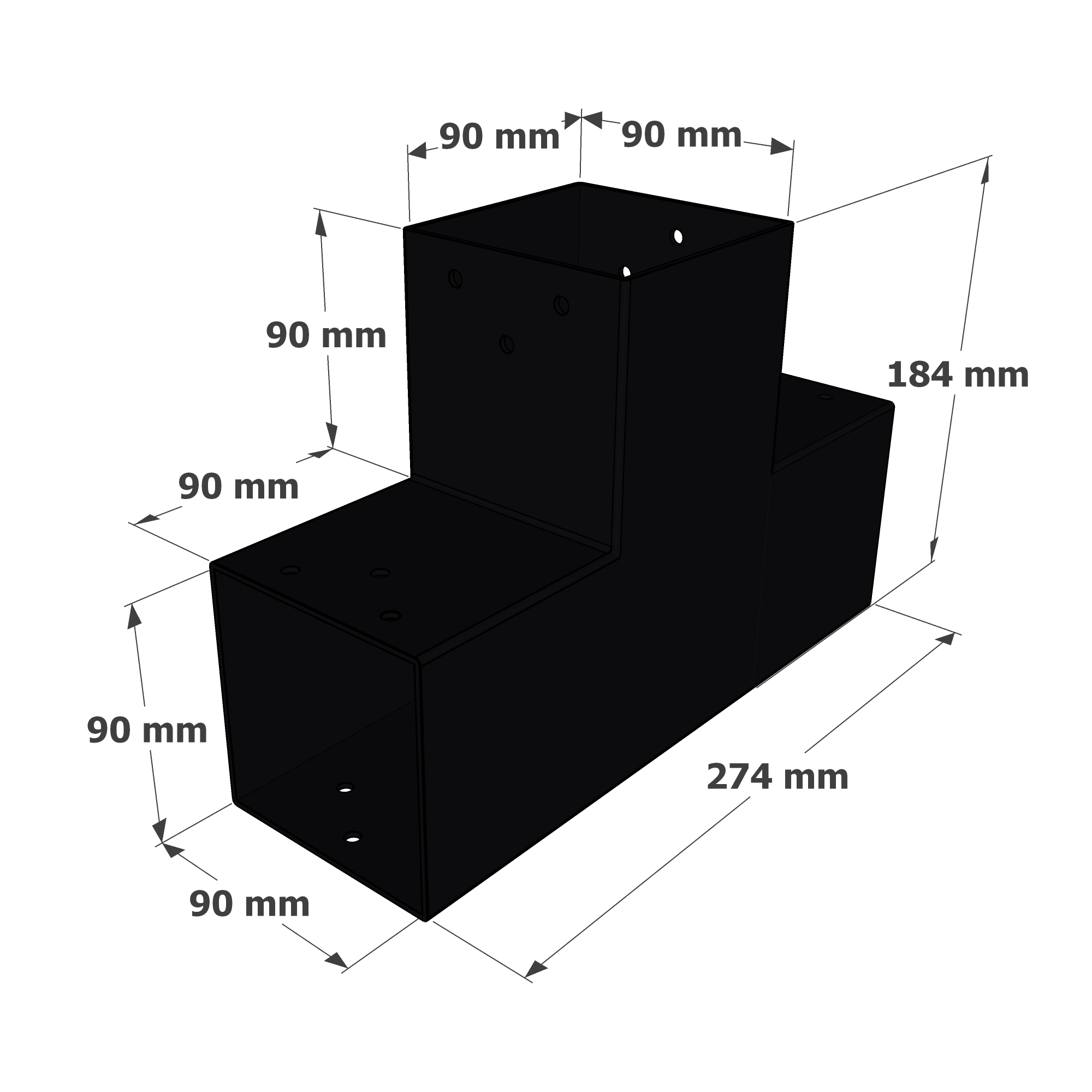 Dimensions du connecteur SUNDIY Noir mat RAL 9005 - 90 mm, forme en T à 3 directions