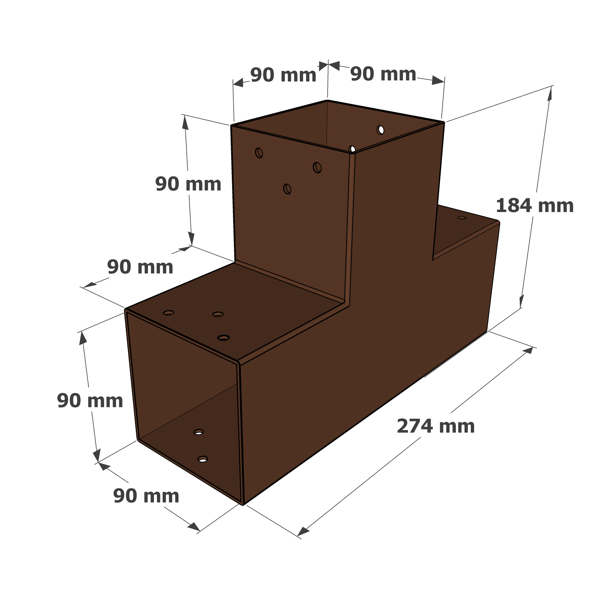 Dimensions du connecteur SUNDIY Oxyde de mars RAL 8011 - 90 mm, forme en T à 3 directions