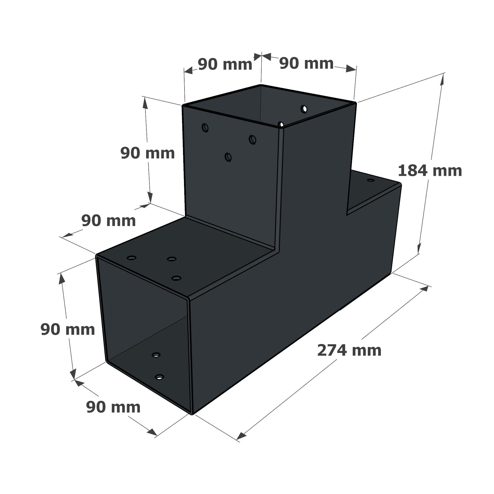 Dimensions du connecteur SUNDIY Anthracite RAL 7016 - 90mm à 3 directions - Forme L