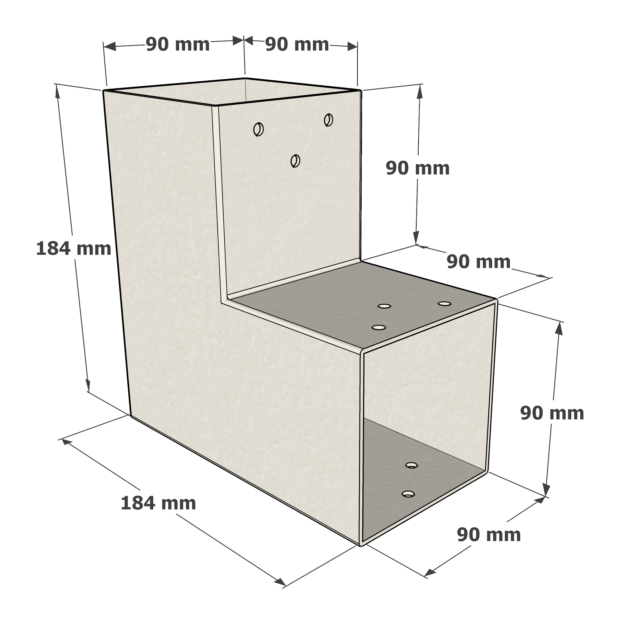 Dimensions du connecteur SUNDIY Blanc RAL 9010 - 90 mm, forme en L à 2 directions